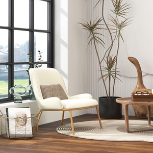 Alvin-fauteuil vintage en tissu bouclé ecru et métal chêne