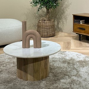Marbella-table basse ronde 70 cm en marbre blanc et bois massif