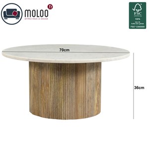 Marbella-table basse ronde 70 cm en marbre blanc et bois massif
