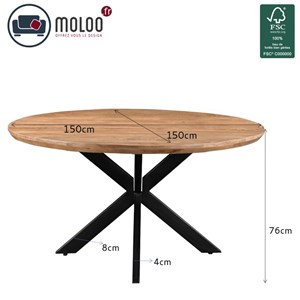 Macy-table à manger ronde 6 personnes 150 cm en bois massif