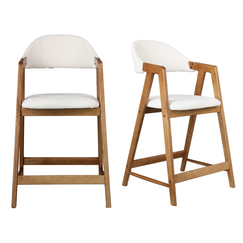 Moloo - Camille-chaise de bar en frêne naturel et tissu curly ecru (x2)