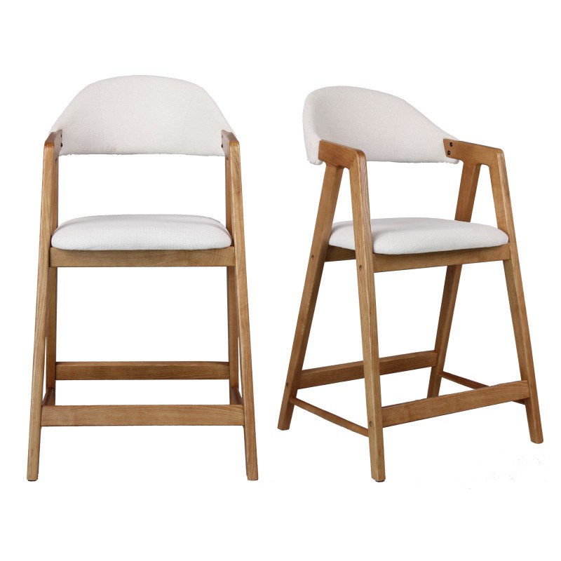 Moloo - Camille-chaise de bar en frêne naturel et tissu trendy ecru (x2)