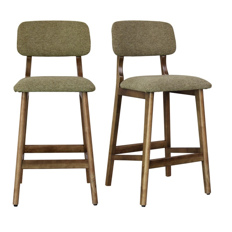 Moloo - Cliff-tabouret de bar en bois patiné noyer et tissu trendy sauge(x2)