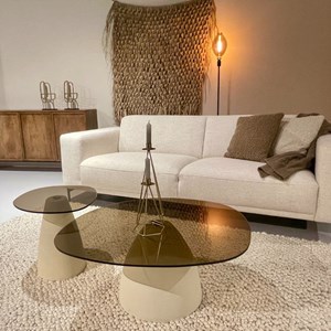 Dillon-table basse ovale 76 cm en métal ivoire et verre fumé