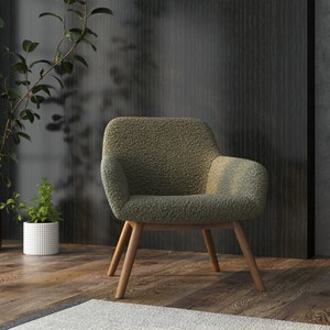Malmo-fauteuil en bois patiné noyer et tissu bouclé army