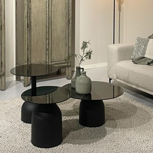 Miro-table basse ronde d55 cm en verre noir et acier laqué