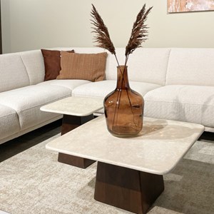 Cinno-table basse carré 75 cm en marbre et bois massif brun