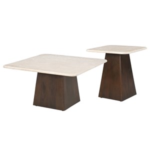 Cinno-table basse carré 75 cm en marbre et bois massif brun