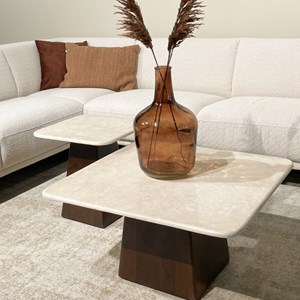 Cinno-table basse carrée 45cm en marbre et bois massif brun