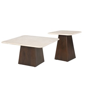 Cinno-table basse carrée 45cm en marbre et bois massif brun