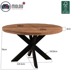 Manaus-table repas ronde 4 personnes d140 cm en bois massif