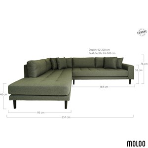 Fred- canapé d'angle récamière à gauche en tissu vert olive