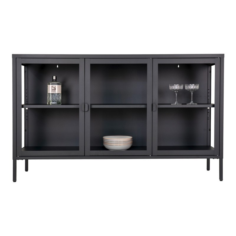 Maine- buffet 3 portes vitrées acier noir 140cm