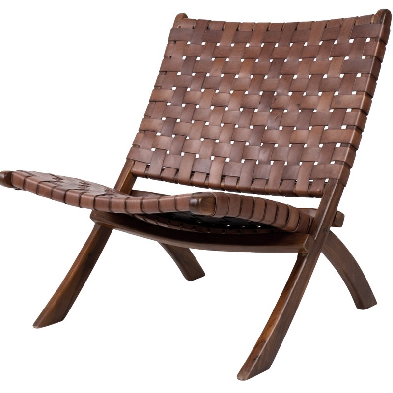 Tiko-fauteuil pliant en teck massif et cuir marron