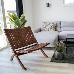 Tiko-fauteuil pliant en teck massif et cuir marron