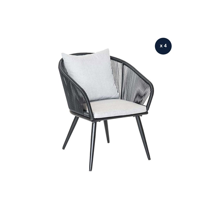 Lot de 4 fauteuil de jardin en résine tressée structure en alu noir + coussin gr