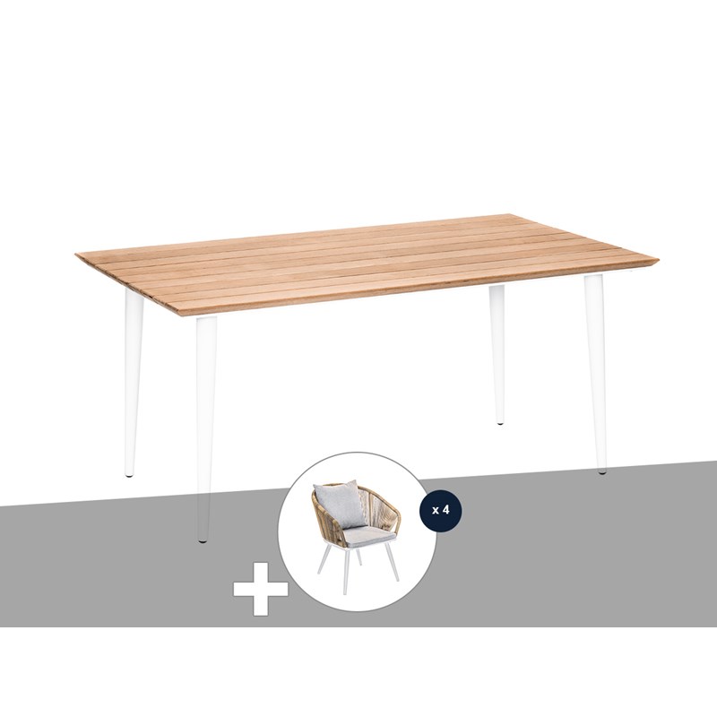 Ensemble repas table de jardin rectangulaire en bois teck maldives avec 4 fauteu