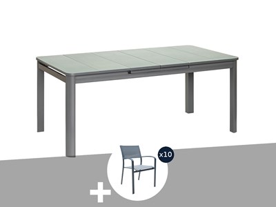 Ensemble table rectangulaire extensible et 10 chaises de jardin en aluminium gri