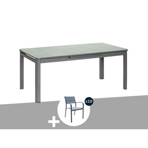 Ensemble table rectangulaire extensible et 10 chaises de jardin en aluminium gri