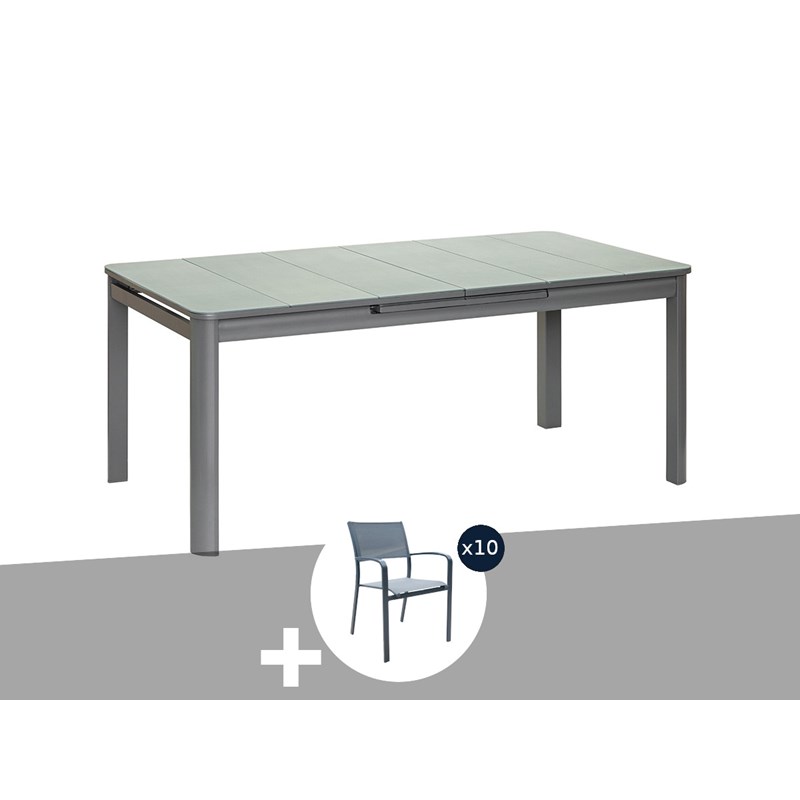 Jardiline - Ensemble table rectangulaire extensible et 10 chaises de jardin en aluminium gri