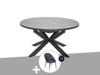 Table de jardin ronde en aluminium gris avec allonge papillon palma avec 6 chais