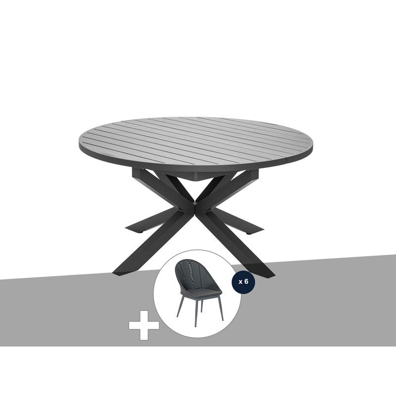 Jardiline - Table de jardin ronde en aluminium gris avec allonge papillon palma avec 6 chais