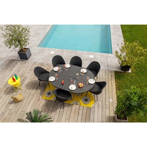 Table de jardin ronde en aluminium gris avec allonge papillon palma avec 6 chais
