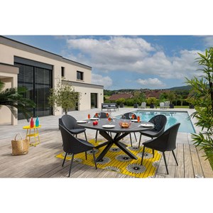 Table de jardin ronde en aluminium gris avec allonge papillon palma avec 6 chais