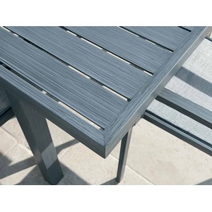 Table rectangulaire extensible en aluminium aspect teck gris santorin avec 10 fa