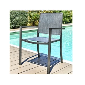 Table rectangulaire extensible en aluminium aspect teck gris santorin avec 10 fa