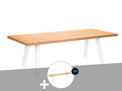 Ensemble table de jardin en teck seychelles + 2 bancs en teck - jardiline