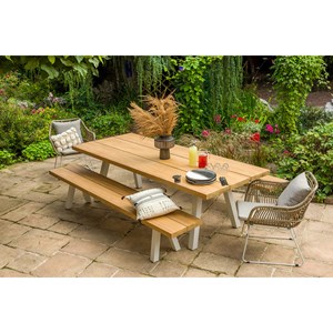 Ensemble table de jardin en teck seychelles + 2 bancs en teck - jardiline