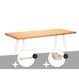 Ensemble table de jardin en teck seychelles + 2 bancs en teck + 2 fauteuils - 10