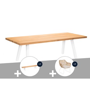 Ensemble table de jardin en teck seychelles + 2 bancs en teck + 2 fauteuils - 10