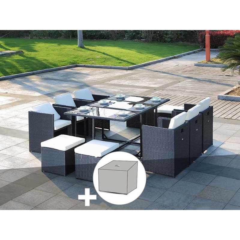 Salon de jardin en résine tressée artigas ii 6-10 places noir + housse - jardide