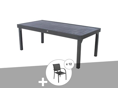 Ensemble repas table extensible rectangulaire alu graphite piazza + 12 fauteuils