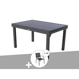Ensemble repas rectangulaire extensible alu graphite + 10 fauteuils piazza - hes