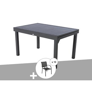 Ensemble repas rectangulaire extensible alu graphite + 10 fauteuils piazza - hes