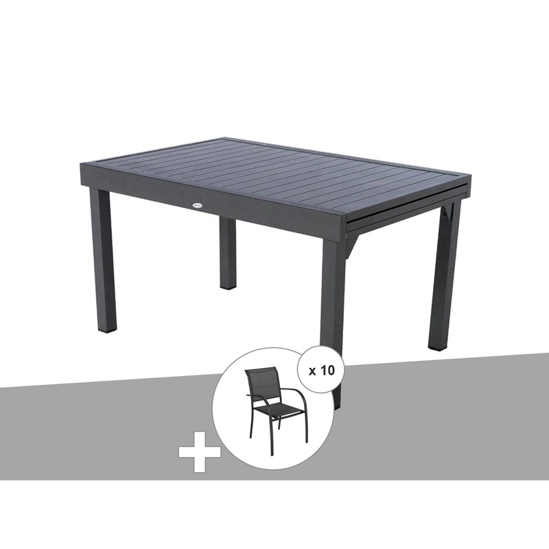 Ensemble repas rectangulaire extensible alu graphite + 10 fauteuils piazza - hes