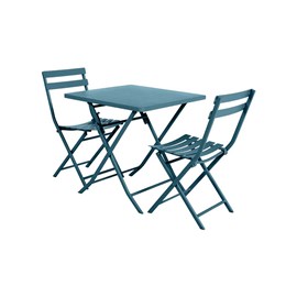 Salon de jardin carré en métal greensboro 70 x 70 cm bleu canard avec 2 chaises