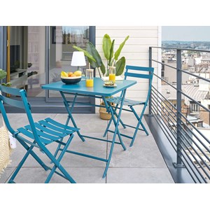 Salon de jardin carré en métal greensboro 70 x 70 cm bleu canard avec 2 chaises