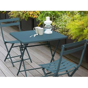 Salon de jardin carré en métal greensboro 70 x 70 cm bleu canard avec 2 chaises