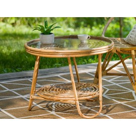 Table basse ronde en rotin avec plateau en verre - jardiline