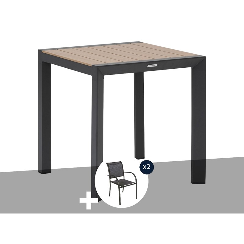 Hespéride - Table de jardin carrée alu evasion 2 places effet bois + 2 fauteuils piazza - he