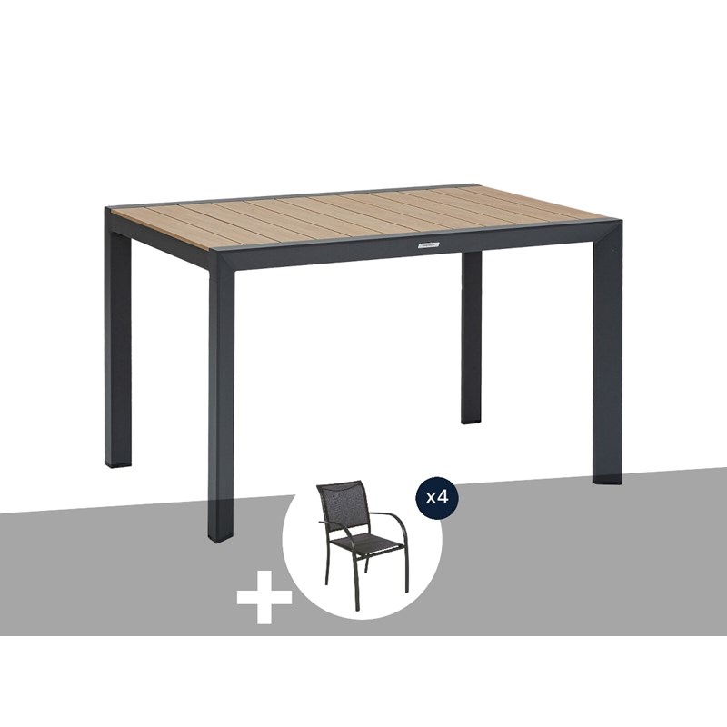 Table de jardin rectangulaire alu evasion 4 places effet bois + 4 fauteuils piaz
