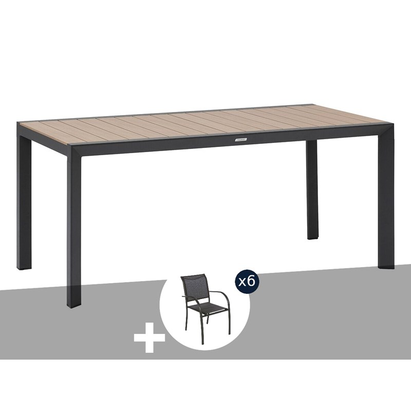 Table de jardin rectangulaire alu evasion 6 places effet bois honey et graphite