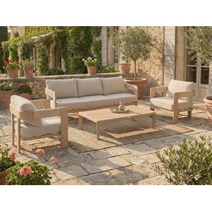 Salon de jardin en alu effet bois oryna beige&nbsp;honey - 5 places - hespéride