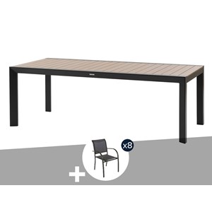 Table de jardin rectangulaire alu evasion 8 places effet bois honey graphite + 8