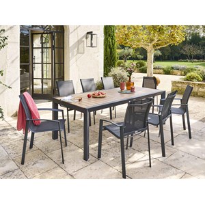 Table de jardin rectangulaire alu evasion 8 places effet bois honey graphite + 8