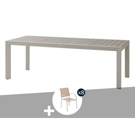 Table de jardin rectangulaire alu evasion 8 places effet bois lin argile + 8 fau